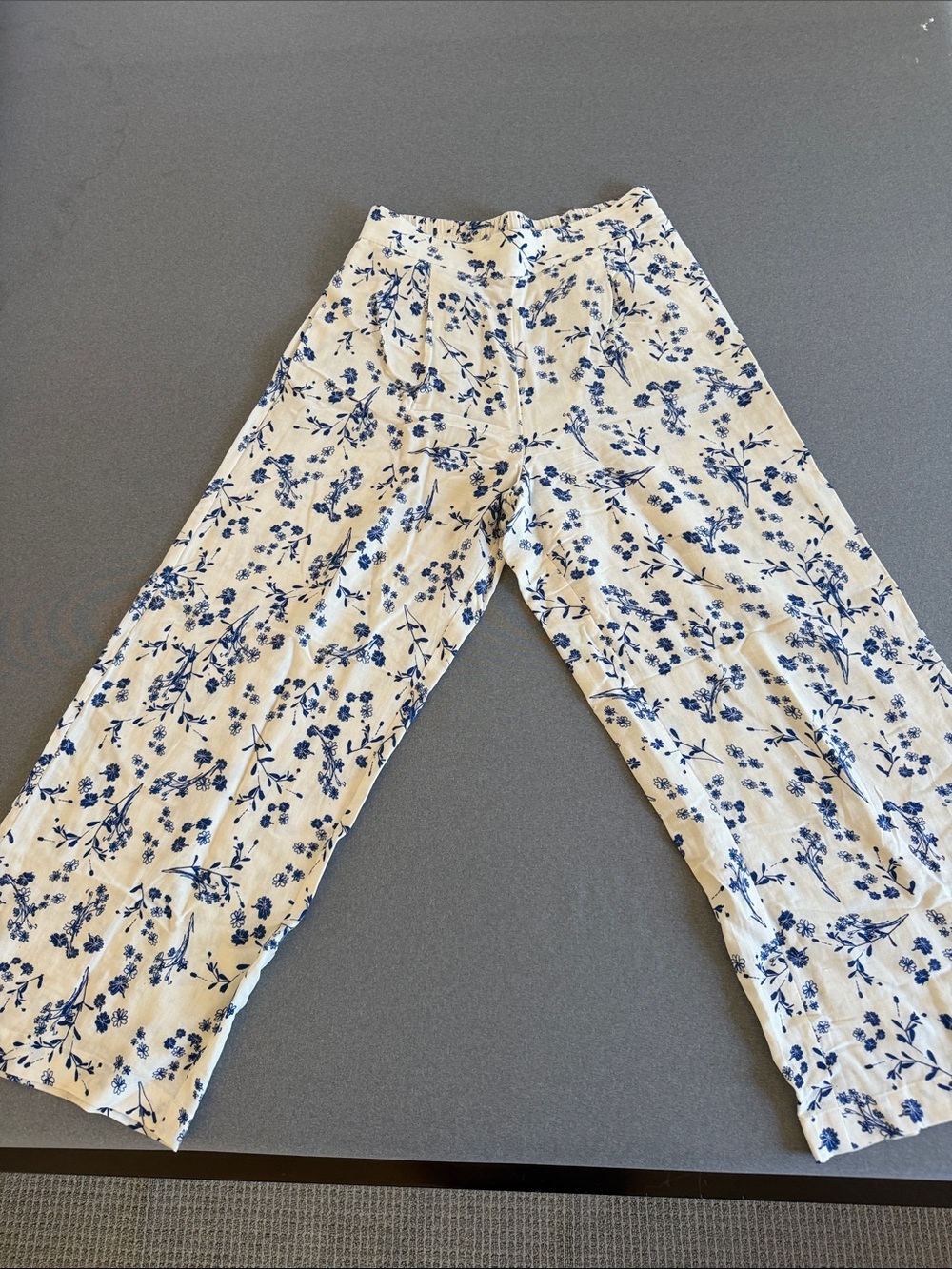 Floral Wide Leg Linen Pants - Blue on Cream, medium